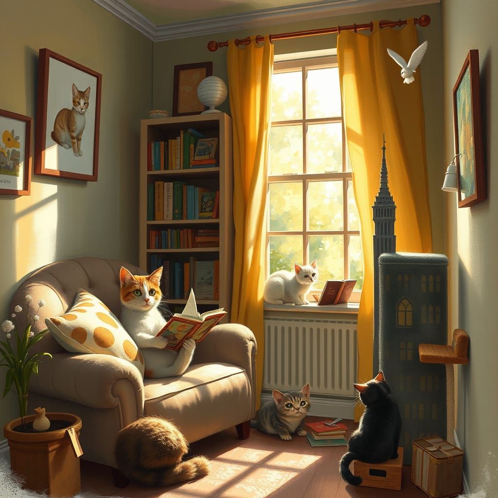 Cozy Cat Haven in Warm, Impressionist Tones