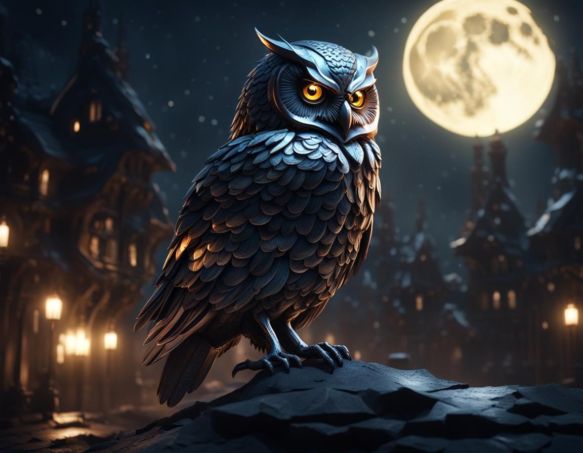 Menacing Steel and Glass Owl in Moonlight