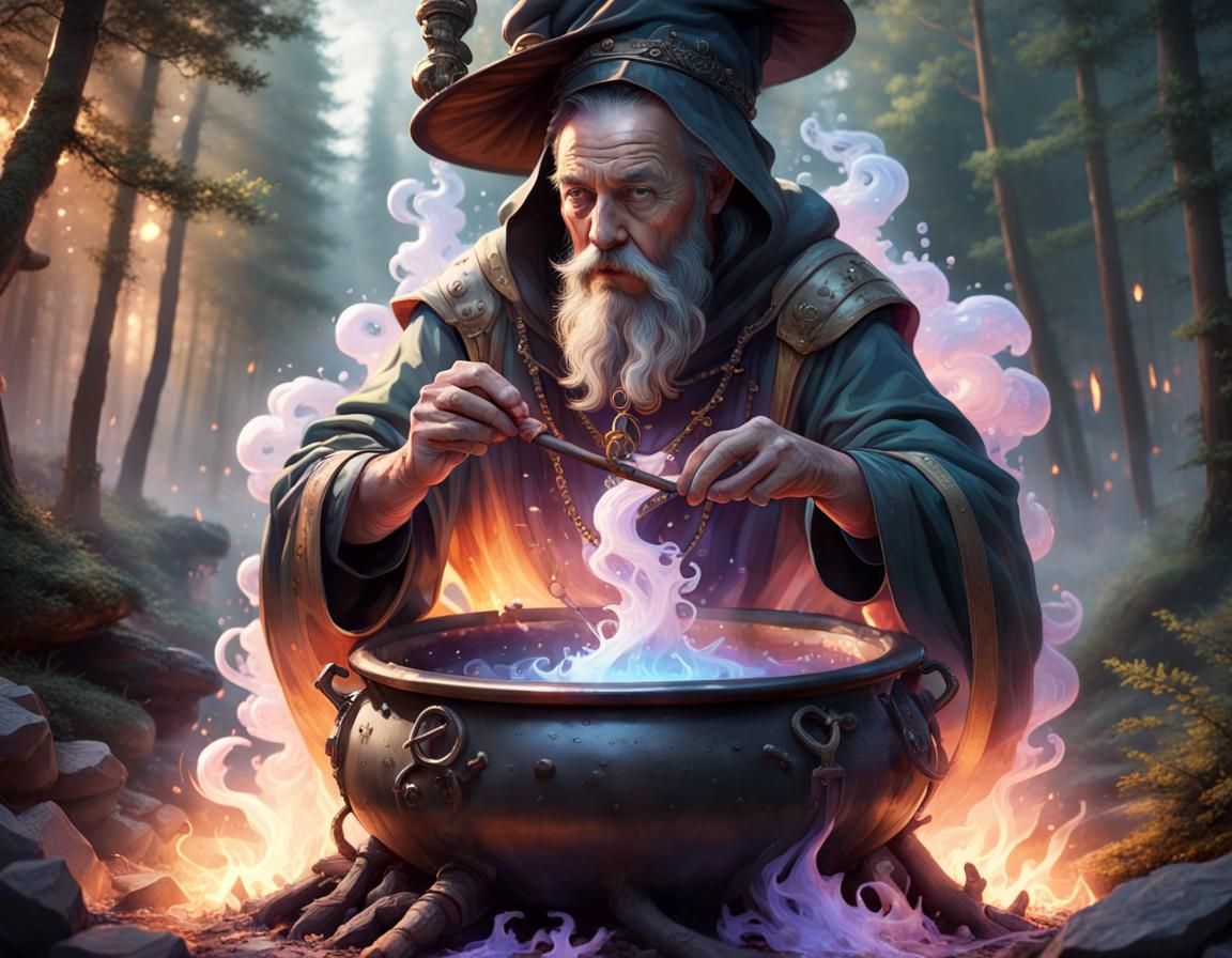 Medieval Alchemist's Glen: Bubbling Cauldron at Magic Hour