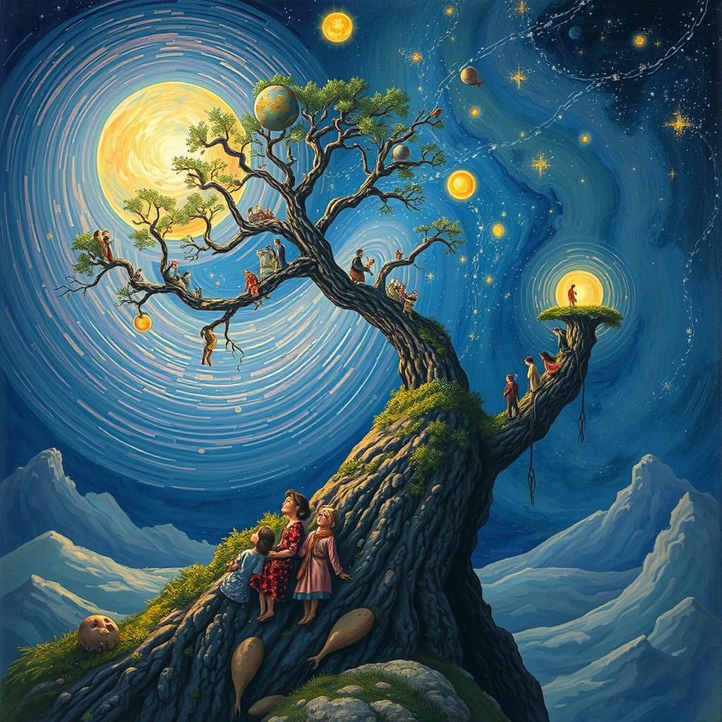 Cosmic Tree Scene in Surreal Style