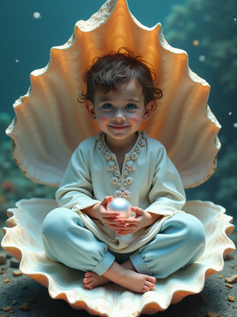 Boy in Clam Shell with Pearl, Fantasy Art