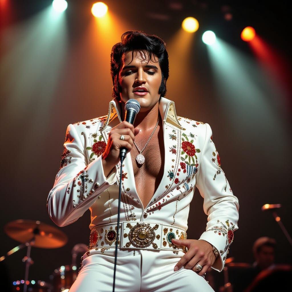 Elvis Presley in Iconic White Jumpsuit Performing Live