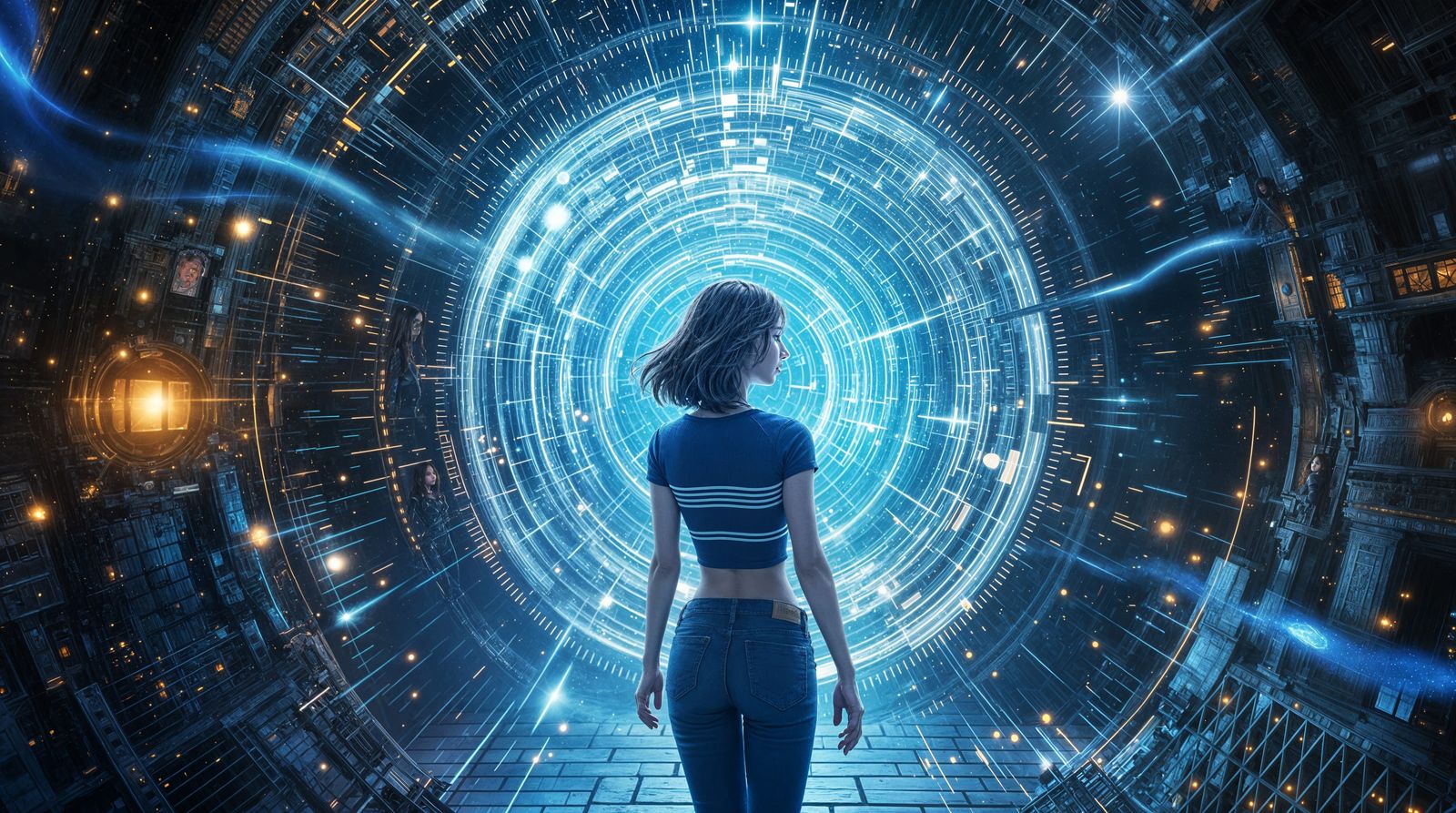 Woman Walks Through Shimmering Portal Between Realms