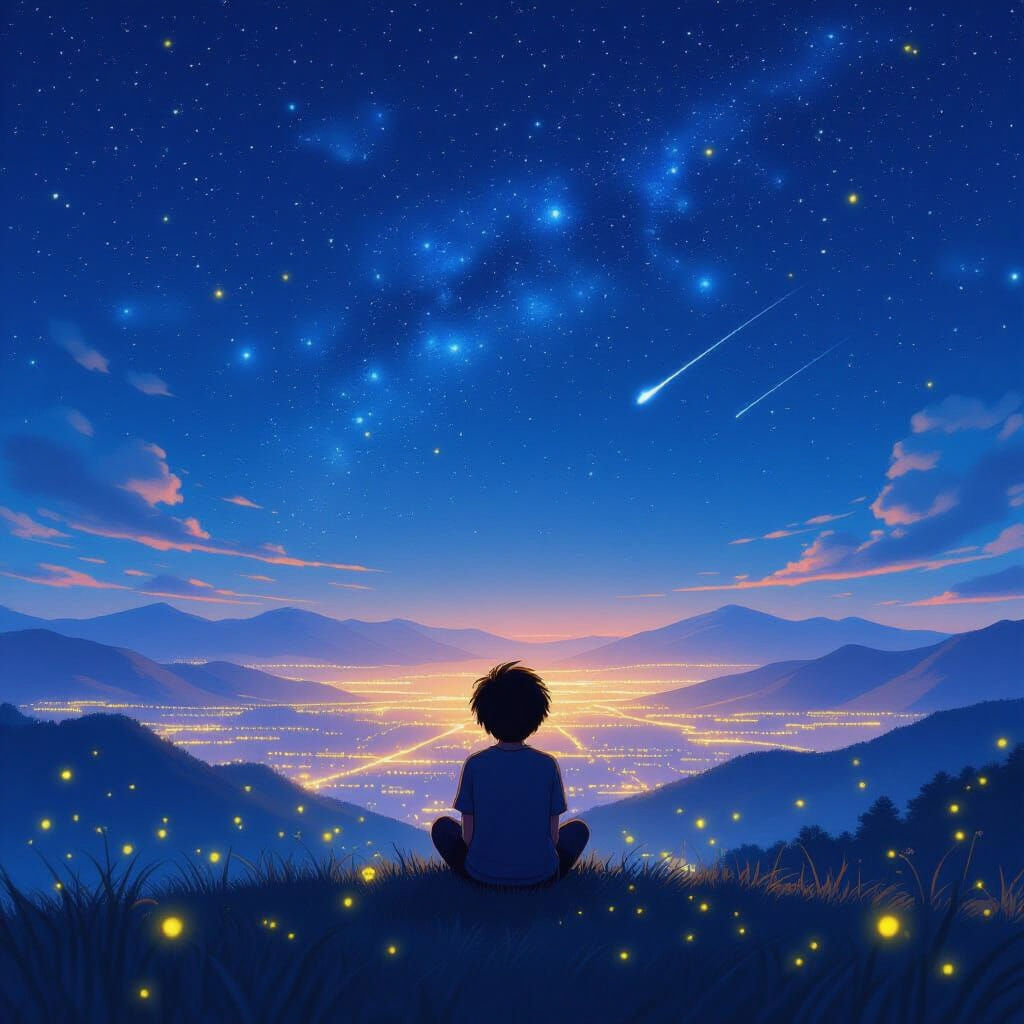 Anime Boy Gazing at City Lights Under Starry Sky