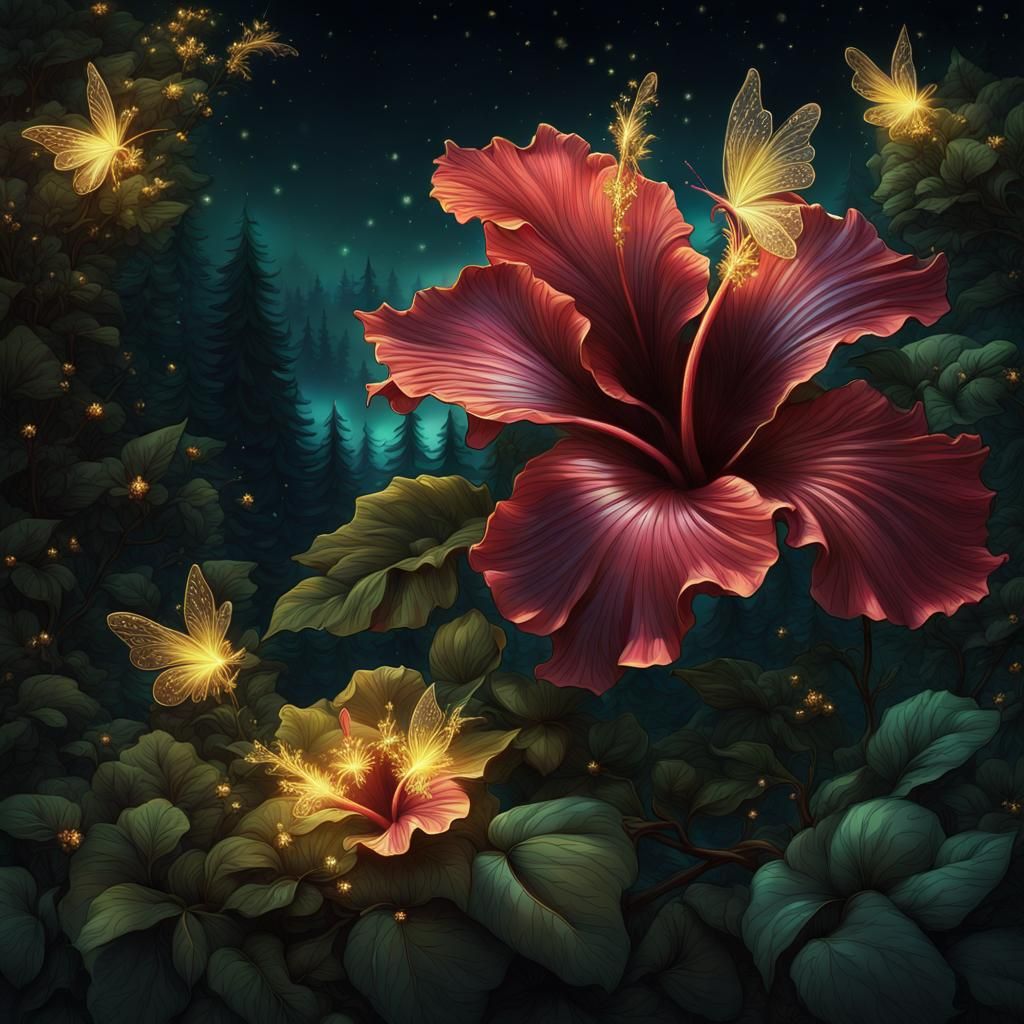 Glowing Jewel-Toned Flowers in Dark Forest