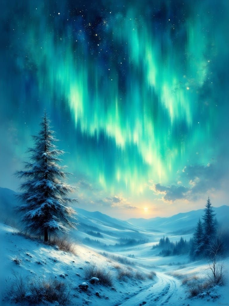 Vibrant Aurora Borealis Over Snowy Hills
