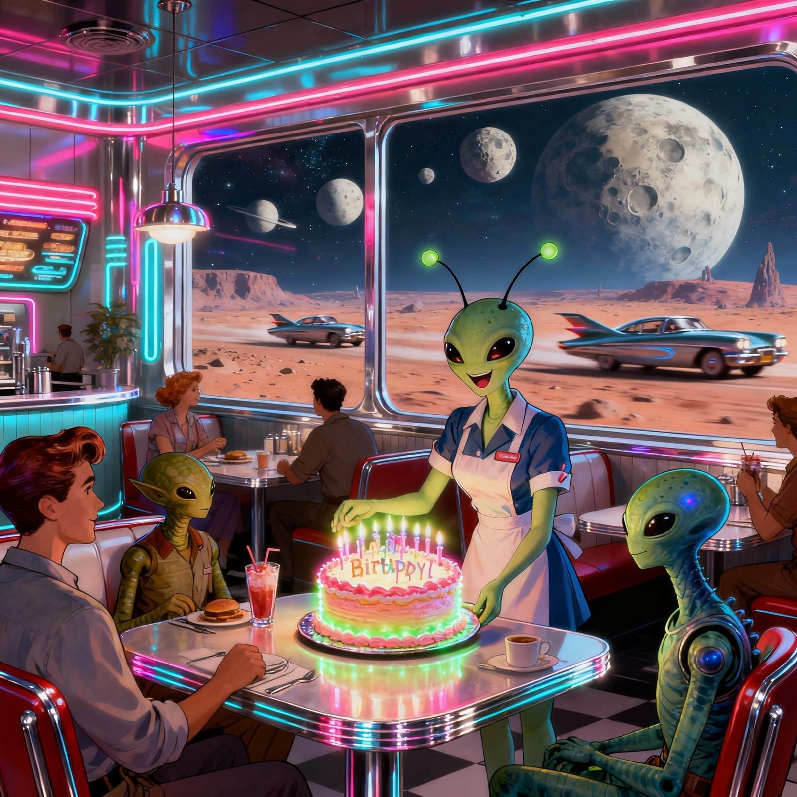 Retro-Futuristic Diner on Alien Planet with Moonscape
