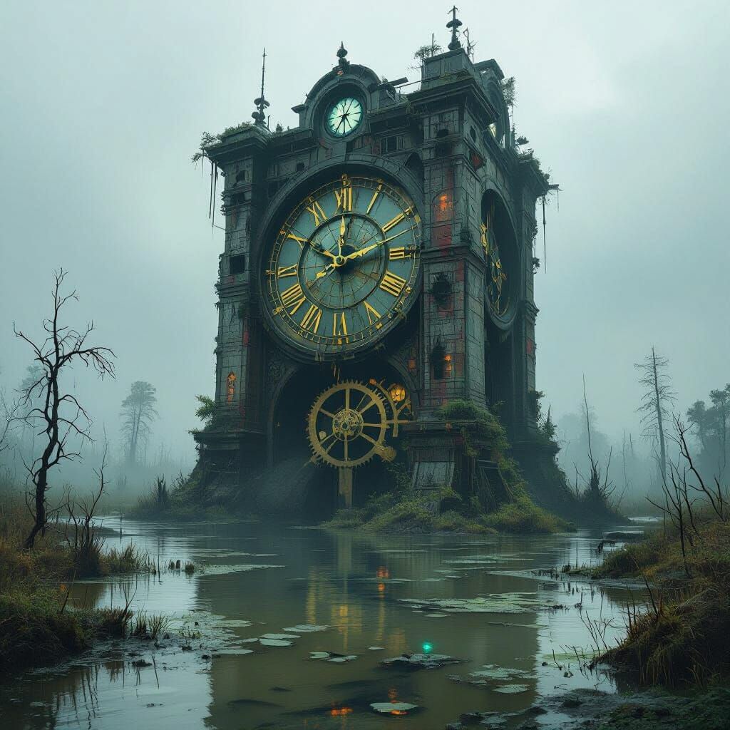 An ancient, colossal clock tower, partially submerged in a m...