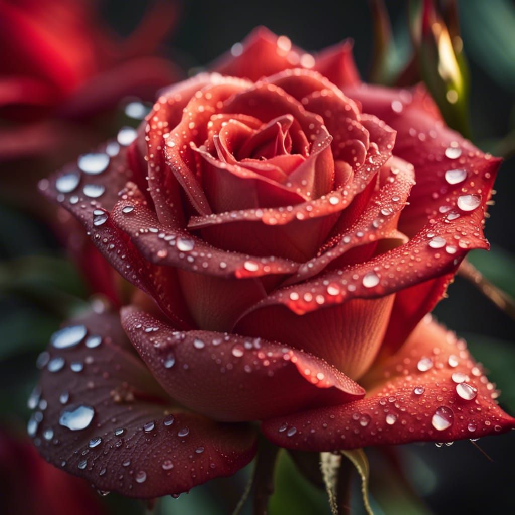 Detailed Red Rose with Dew Drops in Sunlight