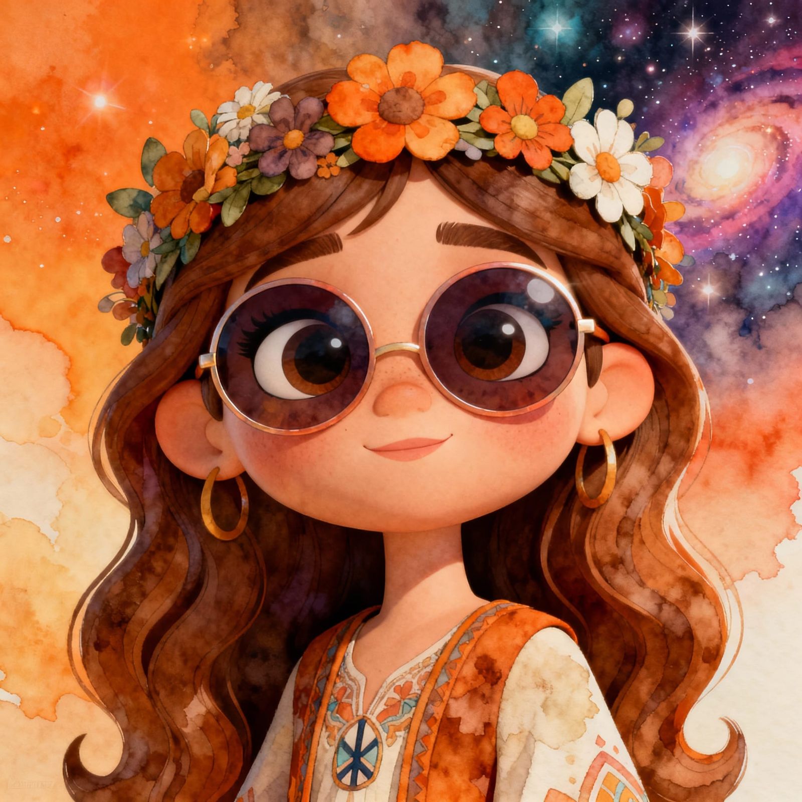 1970s Hippie Girl with Flower Crown in Disney 3D Style