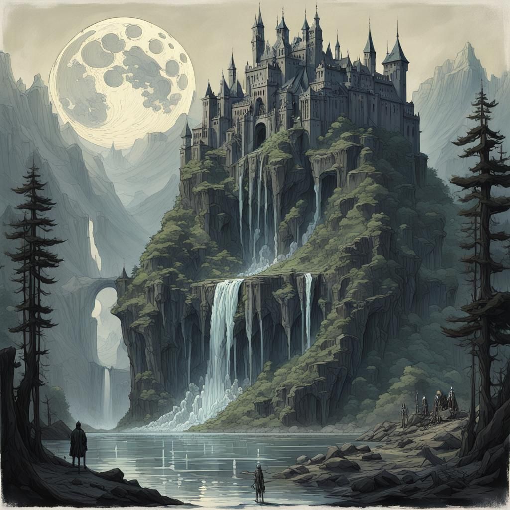 Ethereal Fantasy Scene: Leaning Skeleton Against a Mountain