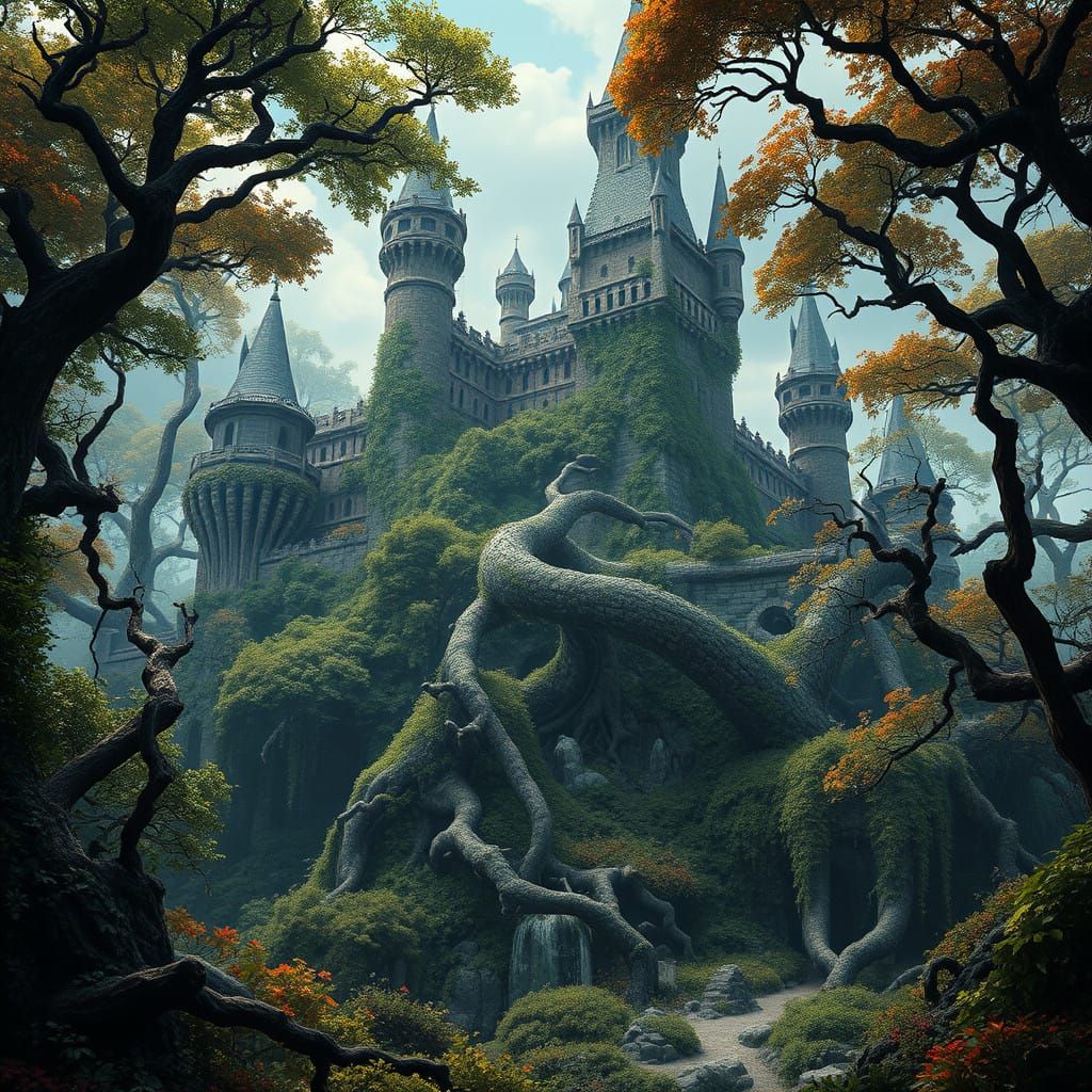 Epic Fantasy Castle Fortress in Mature Forest