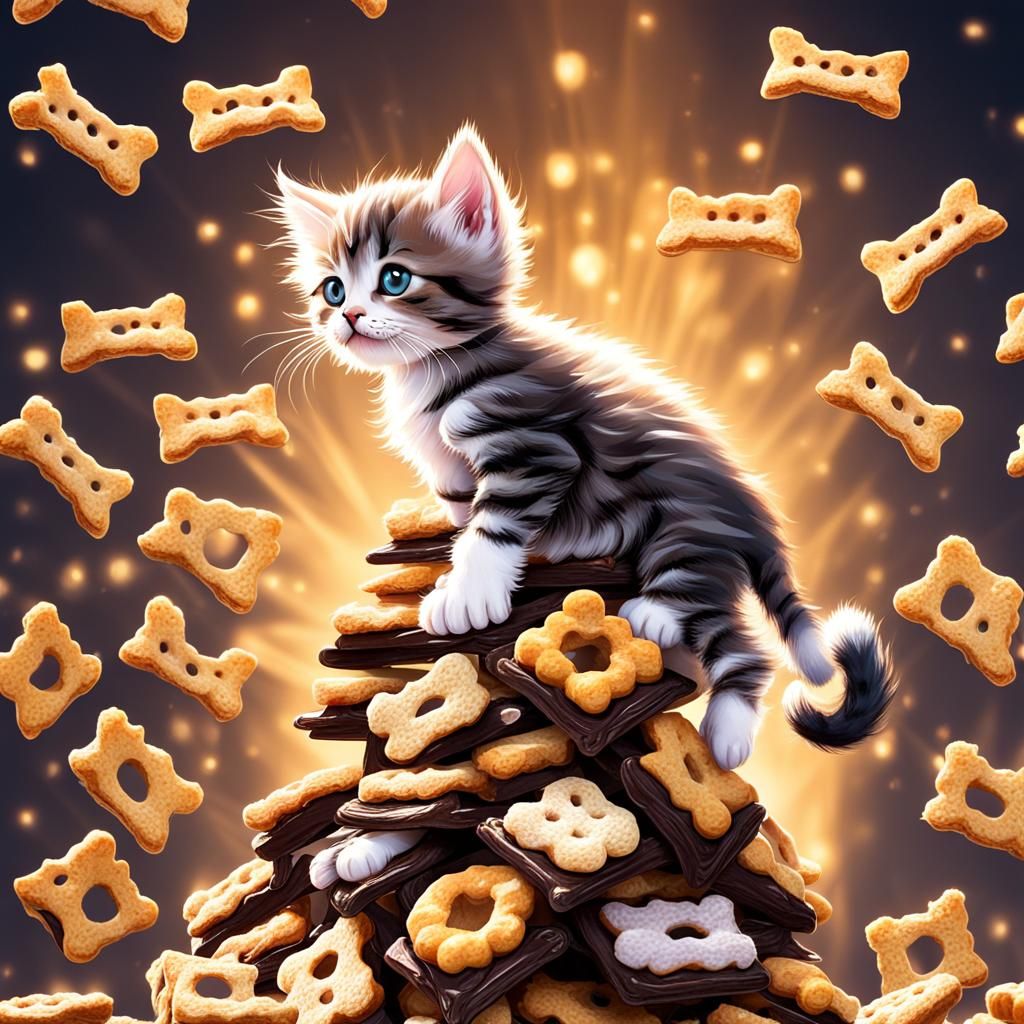 Fluffy Kitten King on Tower of Treats