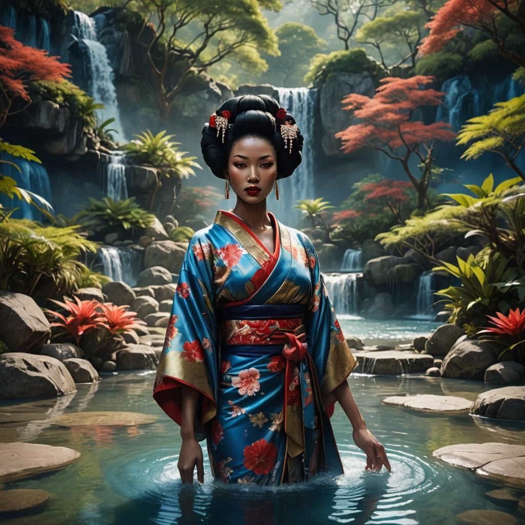 Afro-Japanese Geisha in Oasis: Detailed Matte Painting