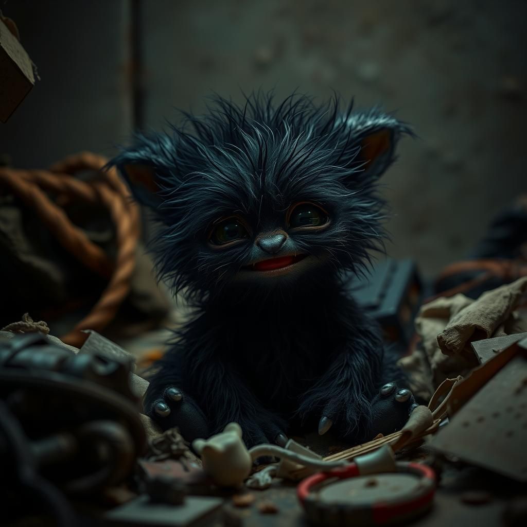 Fluffy Black Creature with Expressive Eyes and Happy Smile