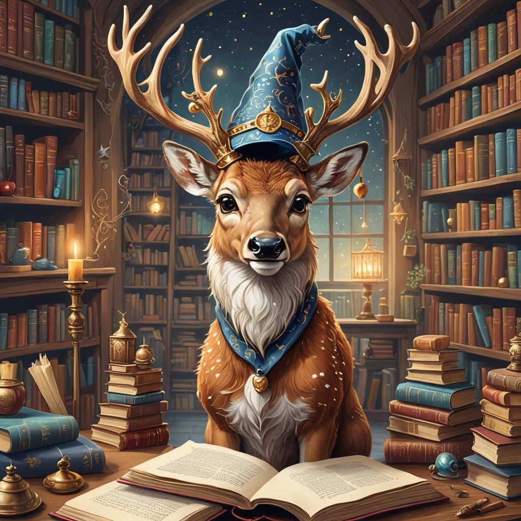 Whimsical Wizard Deer in Enchanted Room