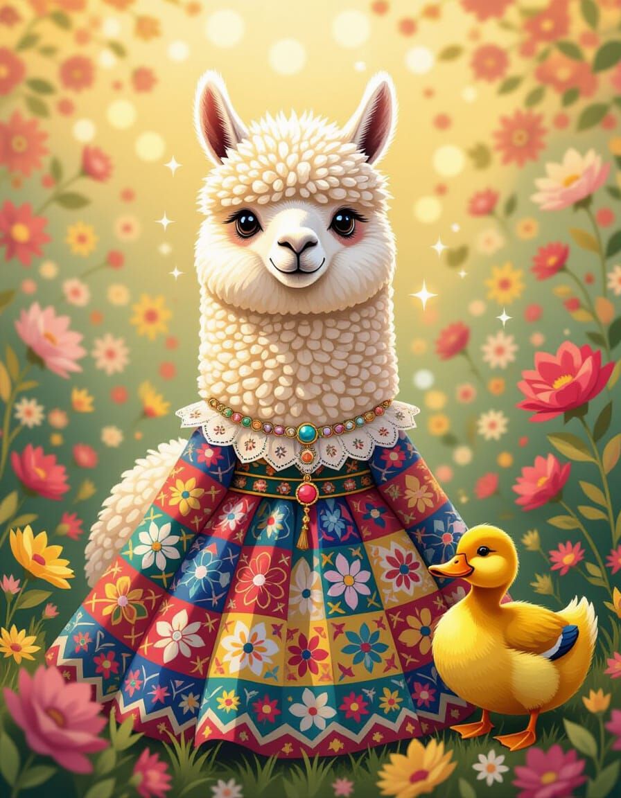 Patchwork Alpaca Portrait in Floral Dress with Duck