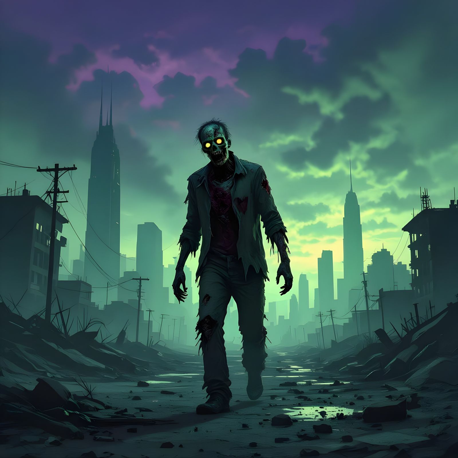 Zombie in Desolate Urban Wasteland Under Purple Sky