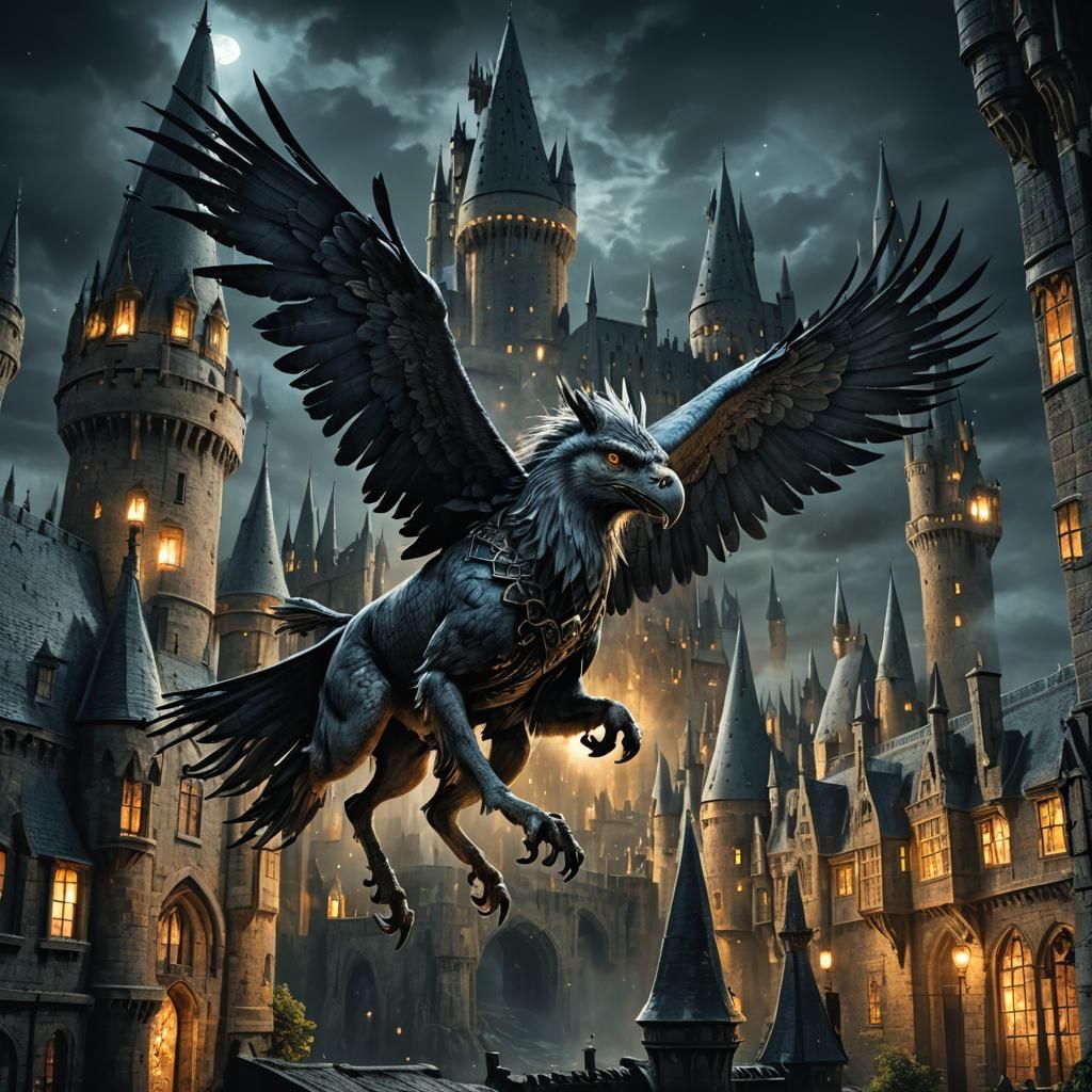 Hippogriff Escaping Dark Castle: Detailed Matte Painting