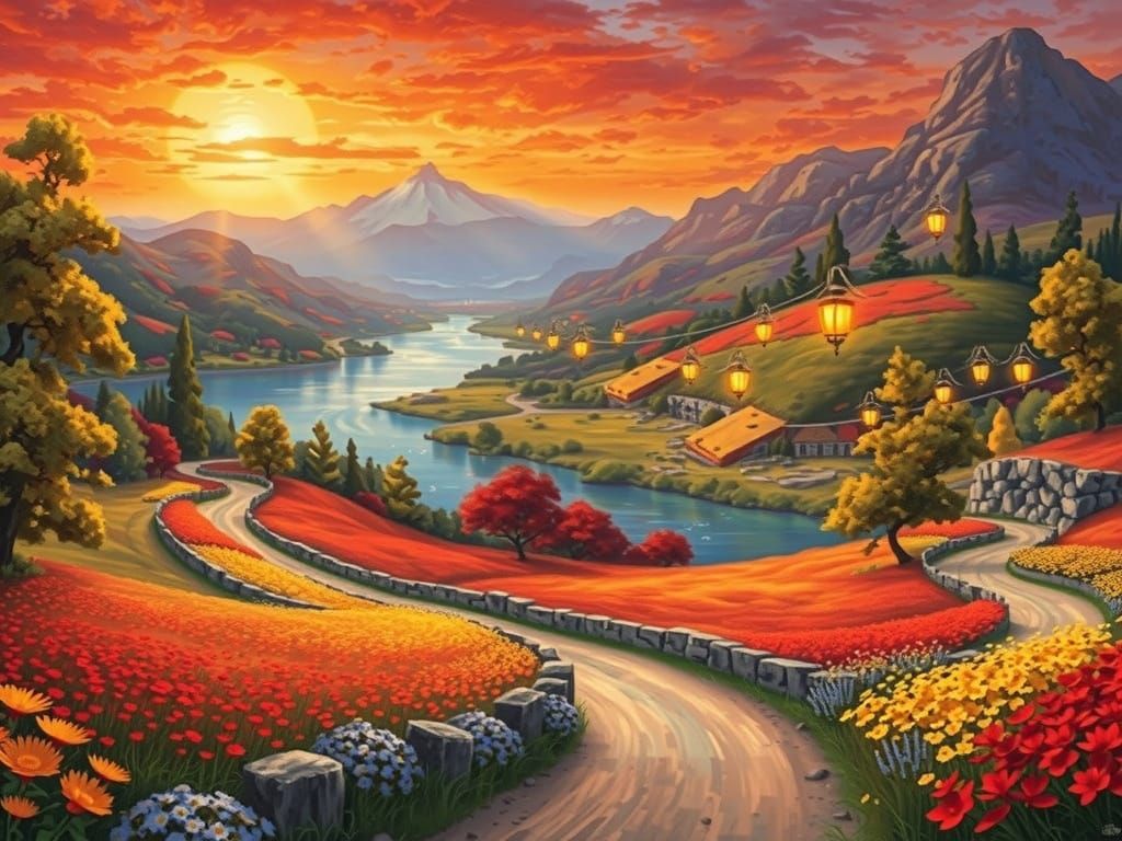 Surreal Sunset Serenity Over Sparkling River in Dreamy Digit...