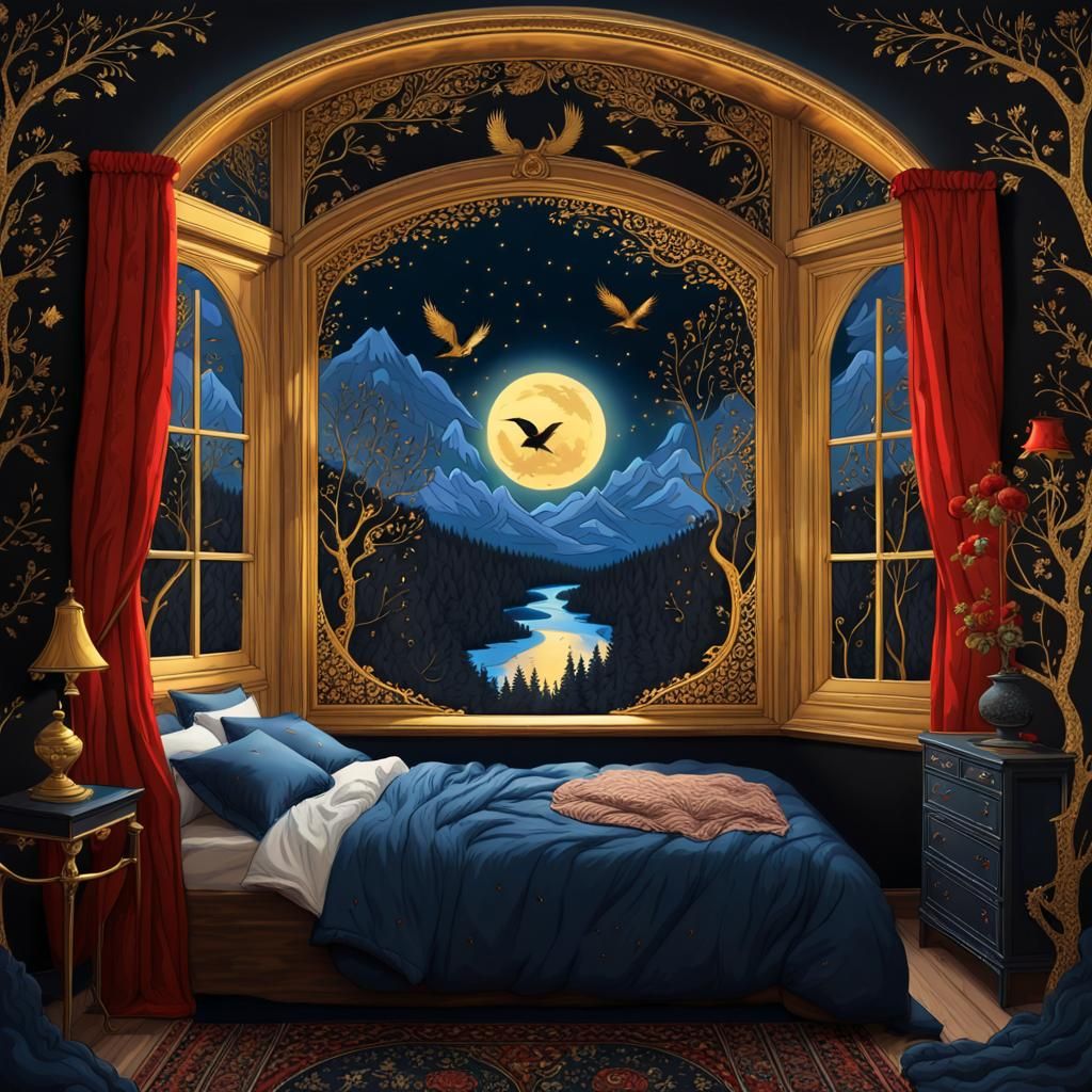 Palekh Bedroom with Forest View and Golden Accents