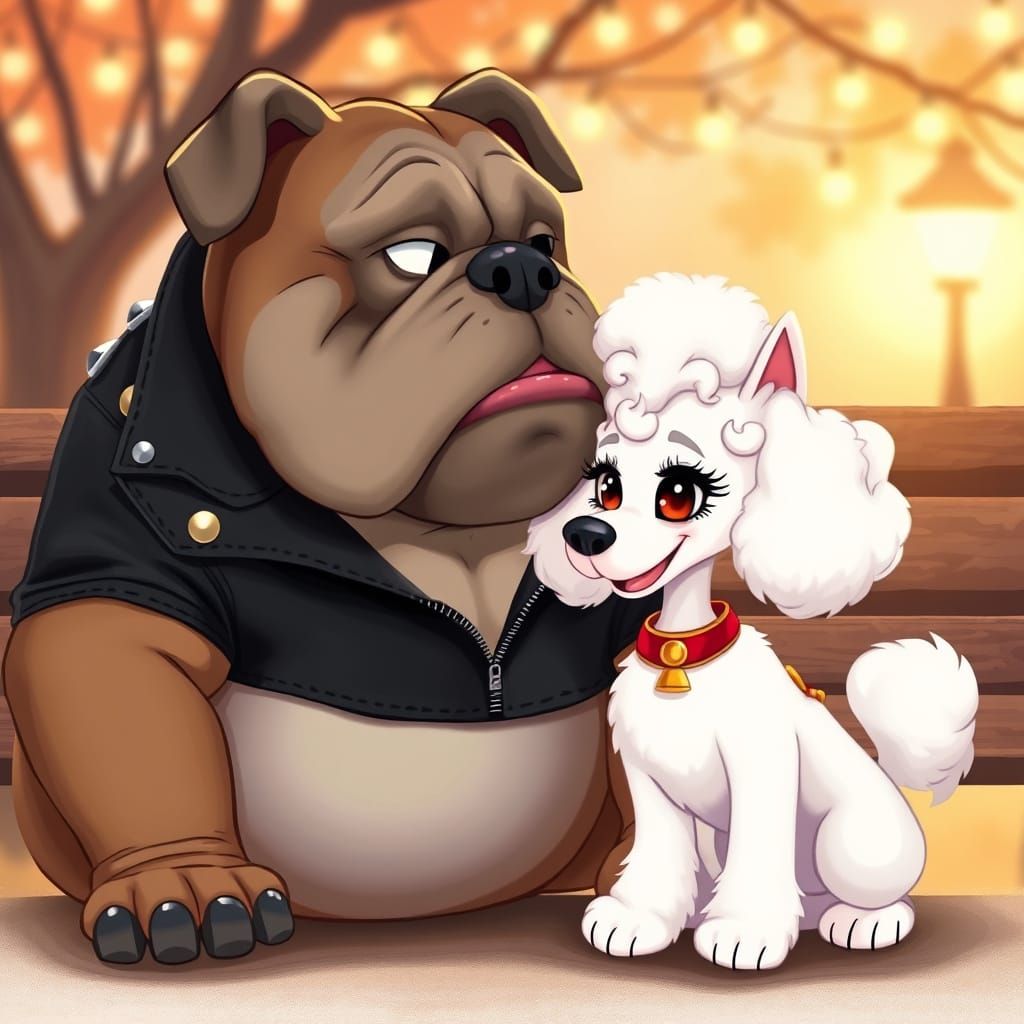 Tough Bulldog Cherishes Elegant Poodle Companion in Whimsica...