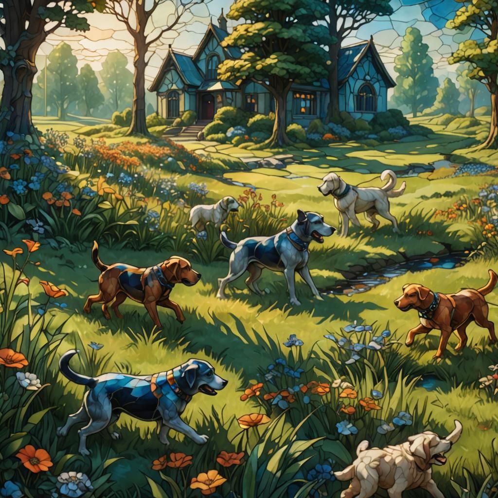 Dogs Playing in Stained Glass Meadow, Art Nouveau