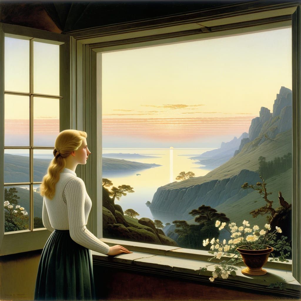 Gentle Girl Contemplates Majestic Mountain Ocean Scene