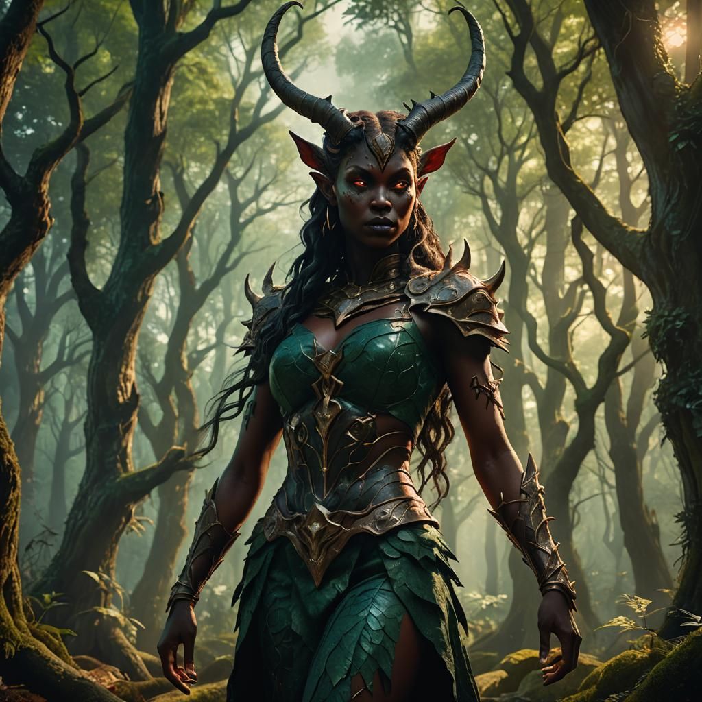 Bronze-Skinned Demon Girl in Mystical Forest