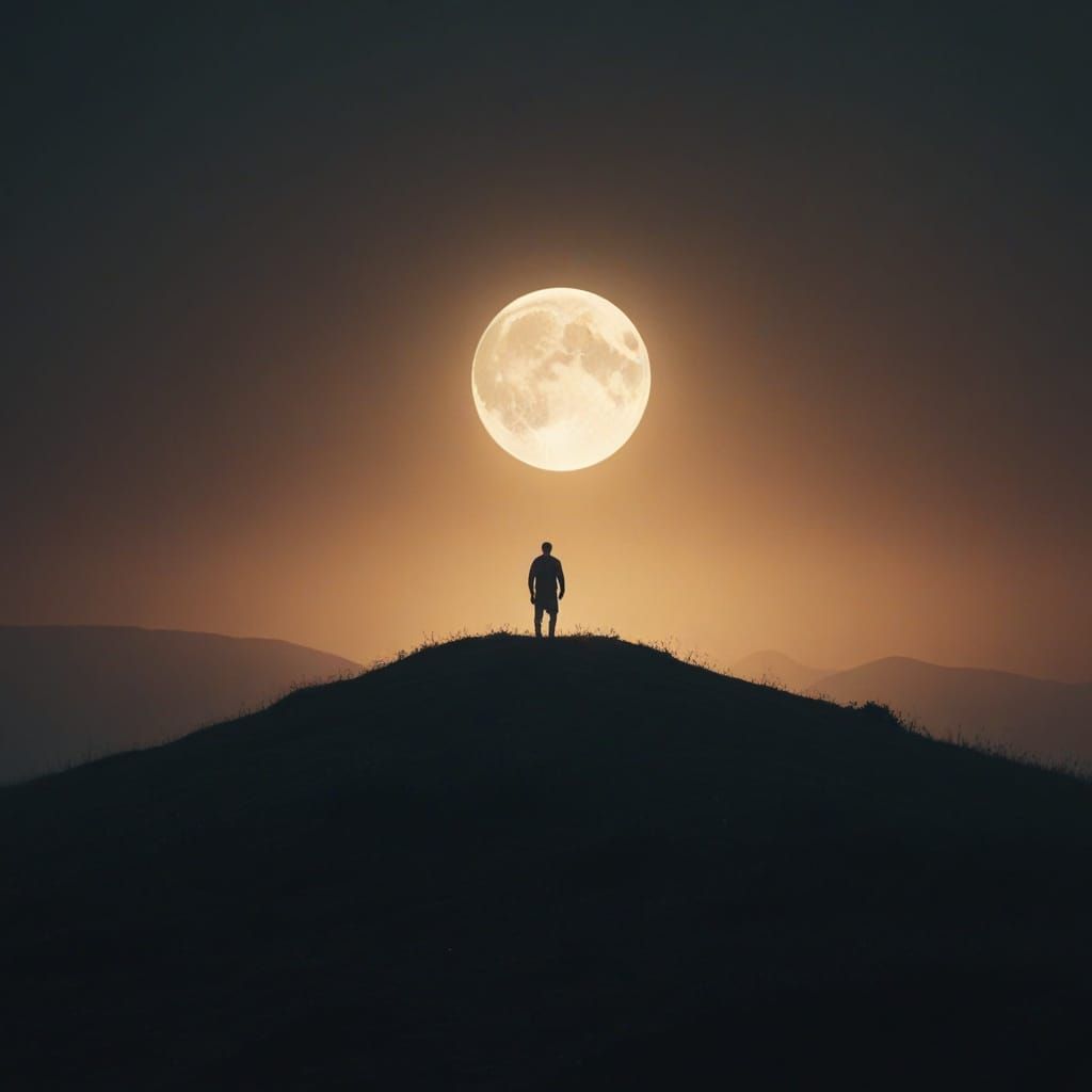 Mysterious Figure Backlit by Moon in Dreamy Landscape
