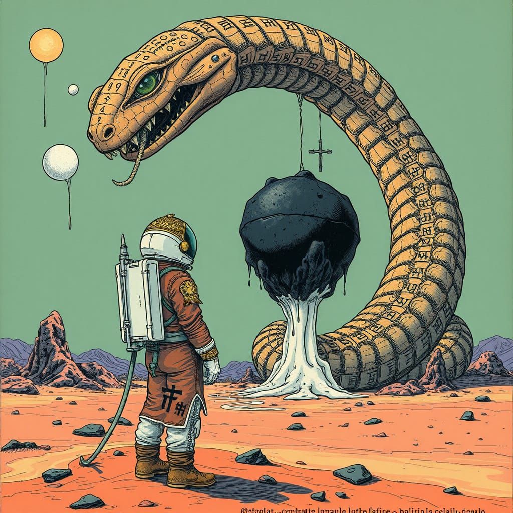 Surreal Cosmic Encounter with a Coiled Serpent Deity in Deso...