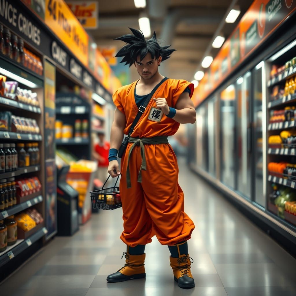 Goku in Cinematic Supermarket Setting