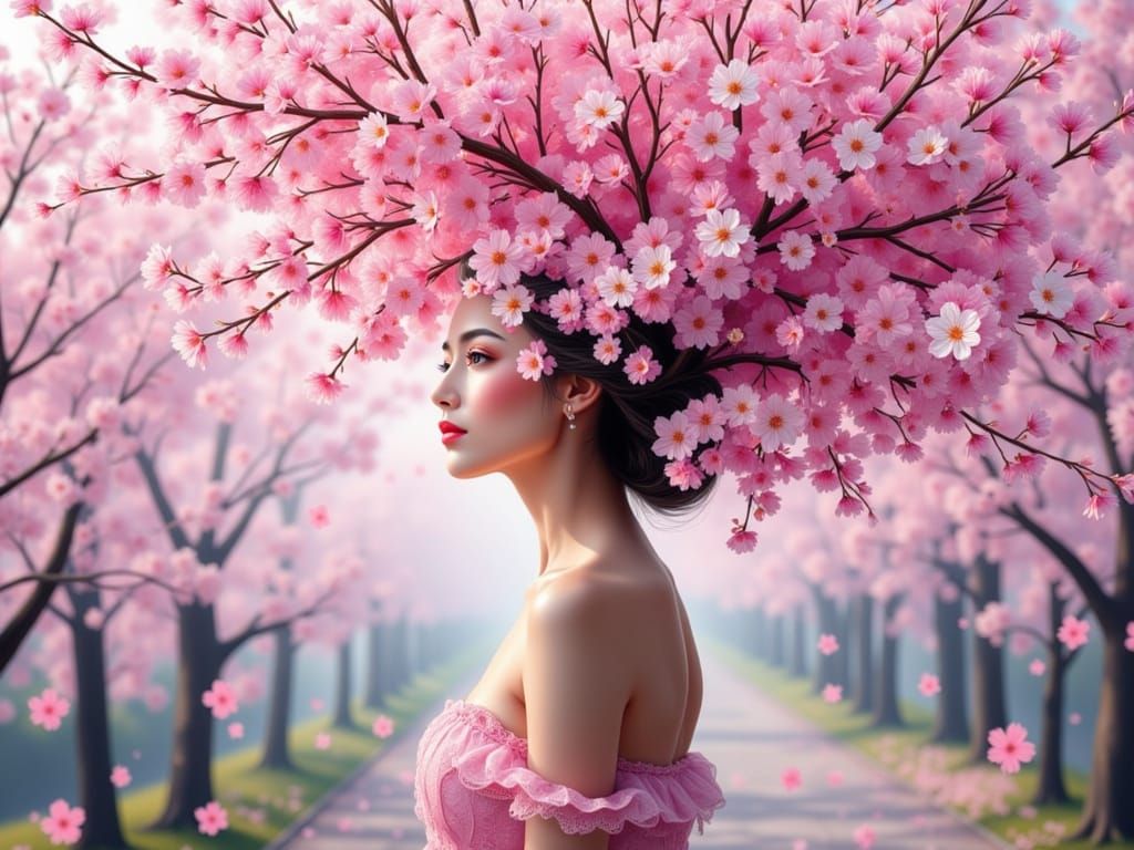 Woman Transforms Into Cherry Blossom Tree in Ethereal Forest