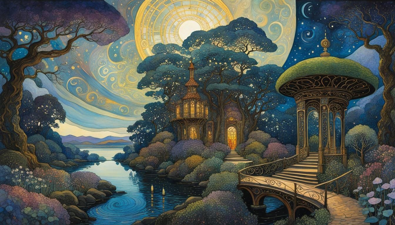 Surreal Forest Garden with Swirling Clouds