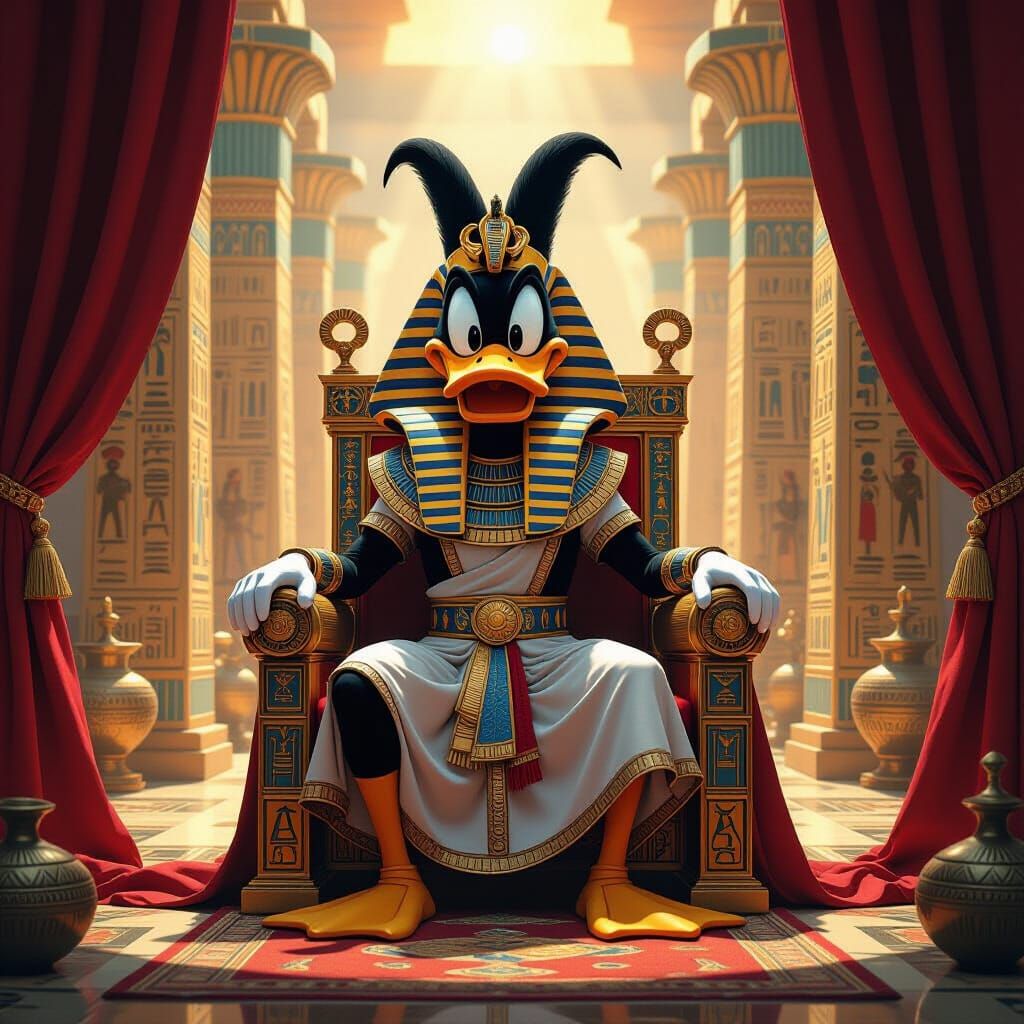 Daffy Duck as Pharaoh in Opulent Egyptian Palace