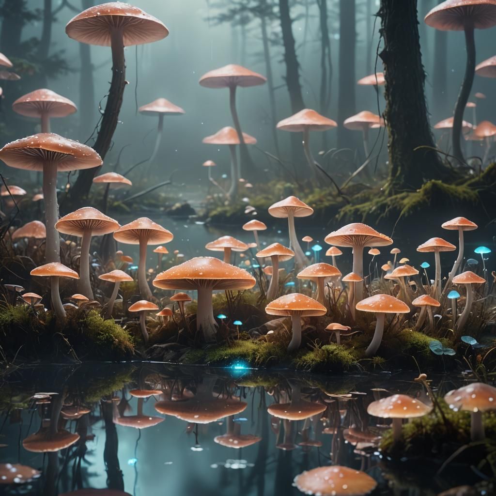 Bioluminescent Mushroom Forest by Misty Lake: Digital Art