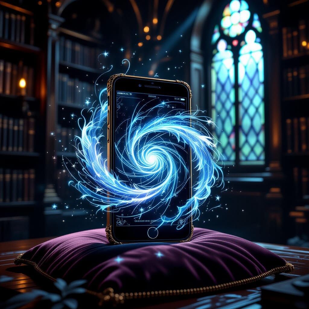 Antique Smartphone with Digital Vortex in Gothic Library