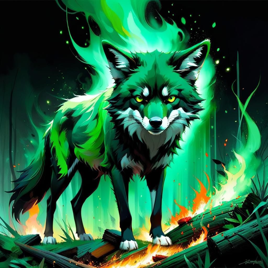 Green Fire Fox Watercolor Splash Art