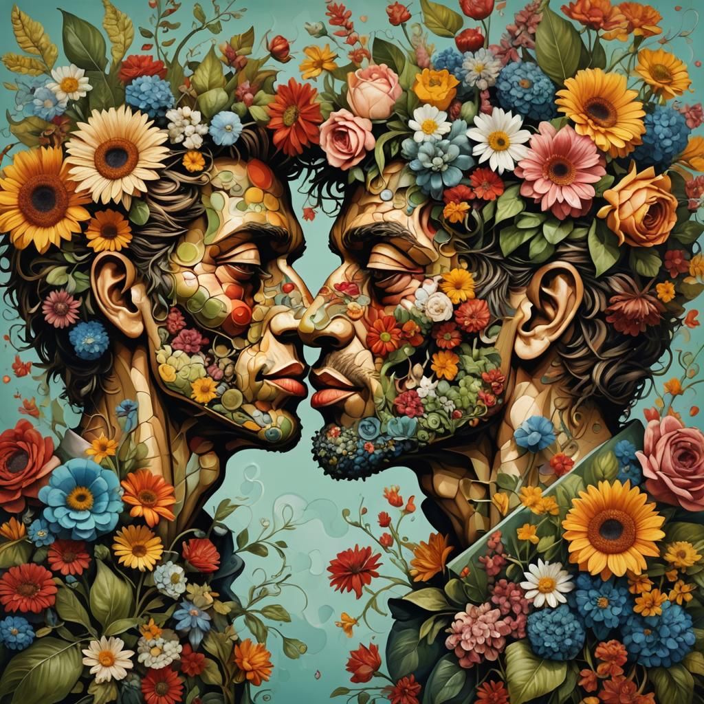 Floral Faces Kissing in Abstract Art Style