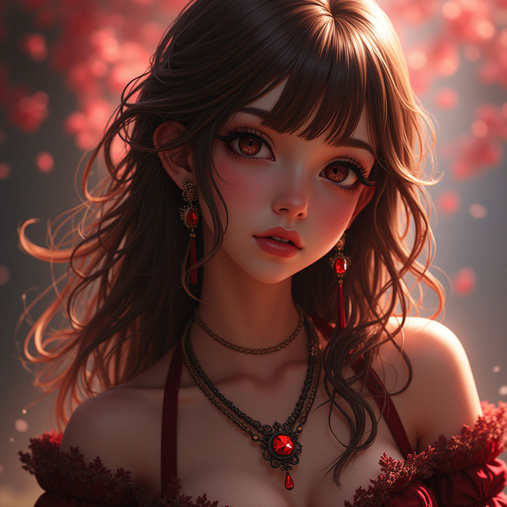 Girl with Brown Hair and Ruby Jewelry