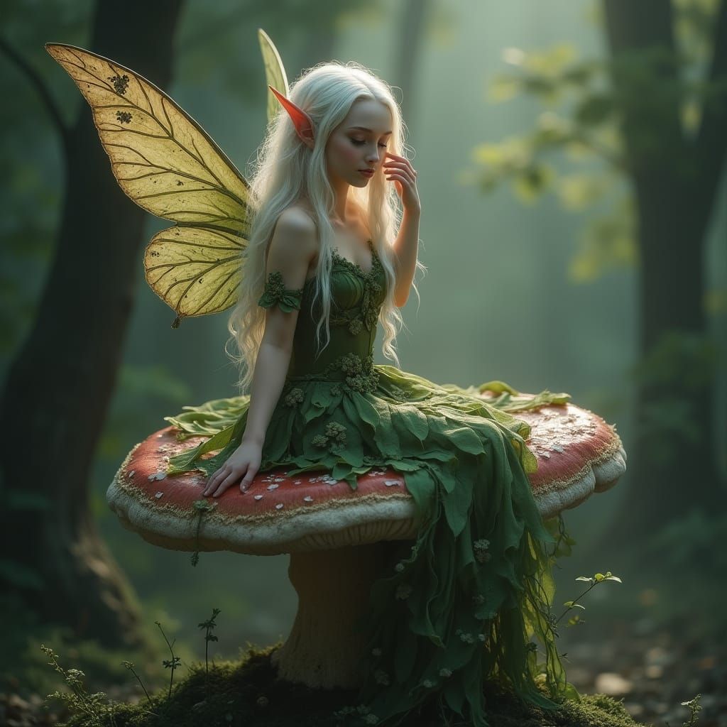 Platinum Blond Elf in Misty Forest, Fantasy Art