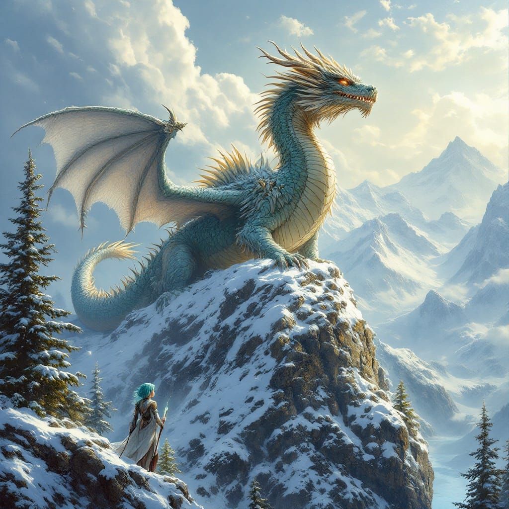 Epic Dragon and Warrior in Snowy Wilderness, Inspired by Fan...