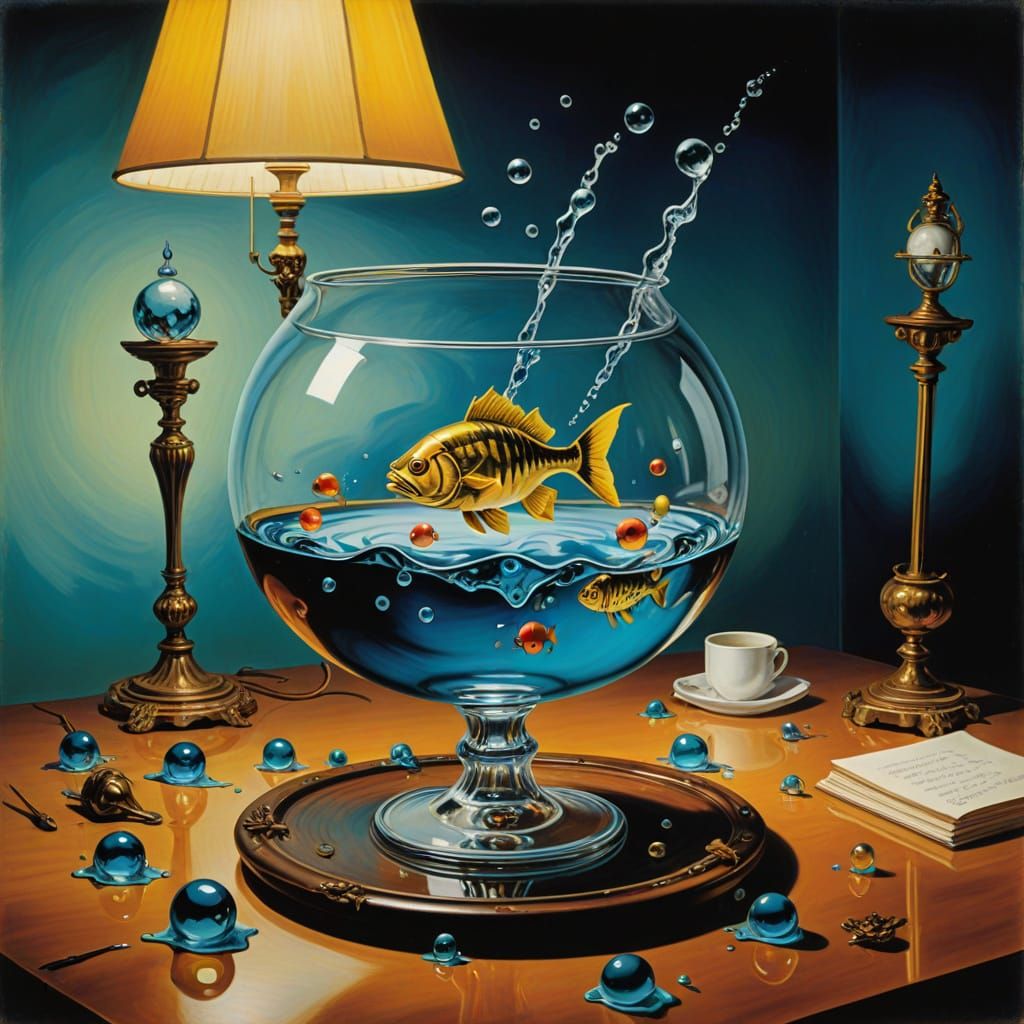 Surreal Oil Painting of Fish Jumping from Glass Bowl