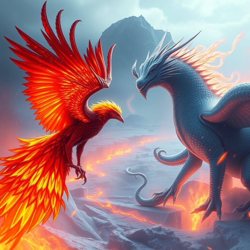 Phoenix vs Ice Dragon in Fiery Frozen Wasteland