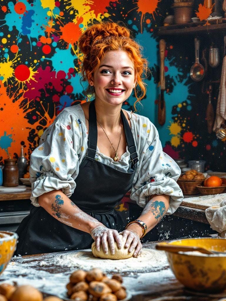 Redhead Baker in Vibrant Pop Art Style Kitchen