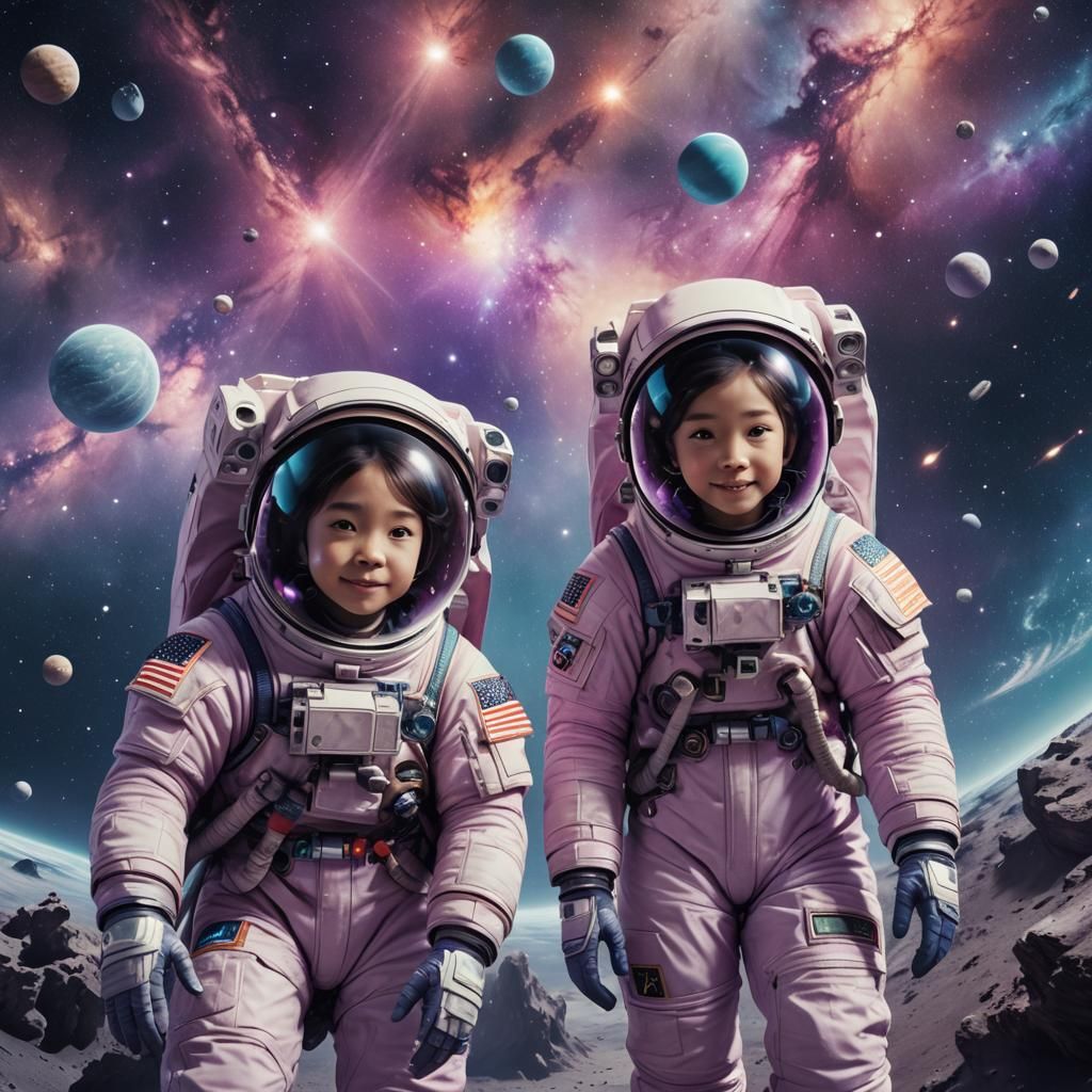 Astronaut Sisters in Pastel Galaxy: Digital Art