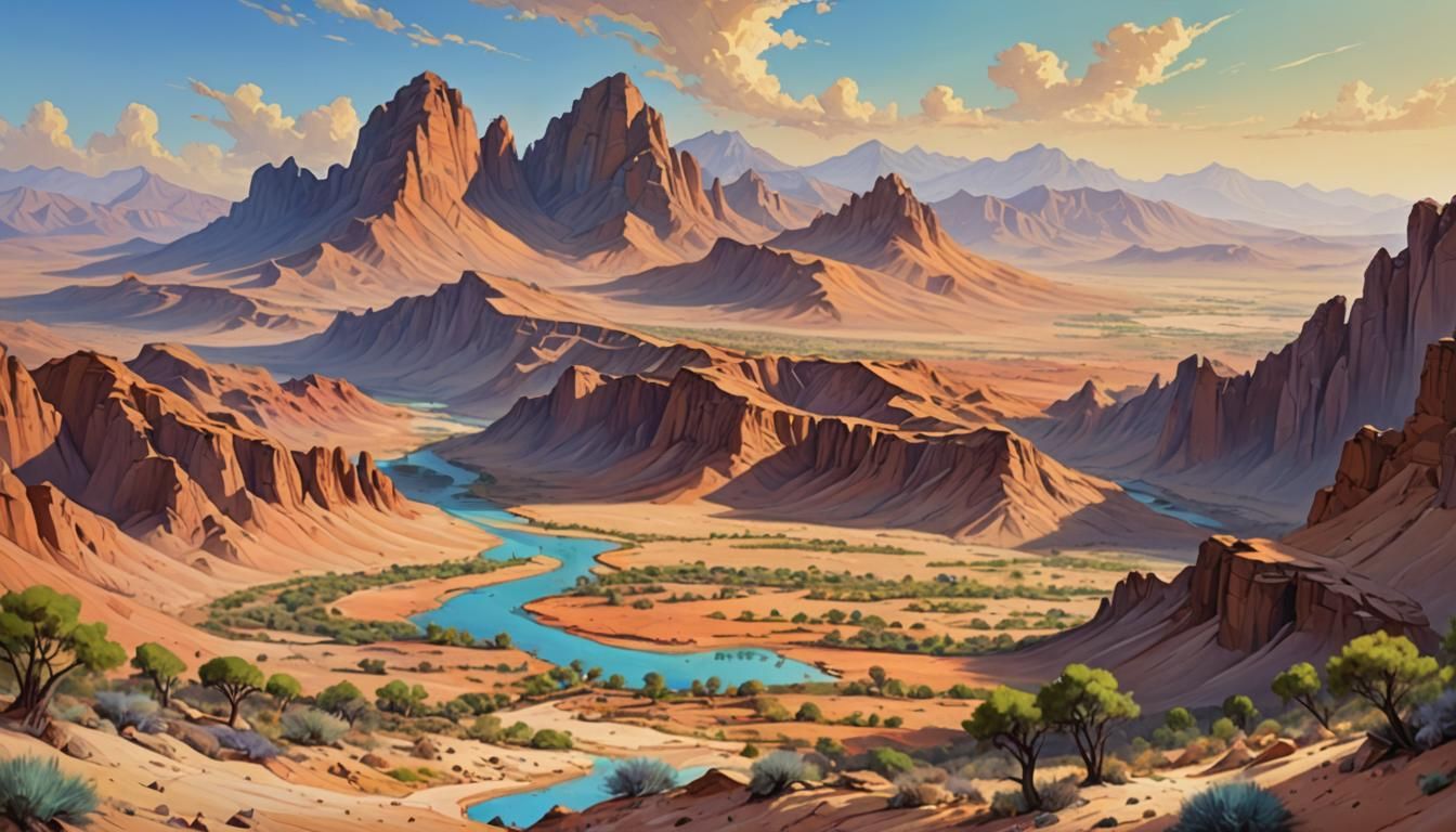 Desert Mountain Oasis: A Colorful Landscape Painting