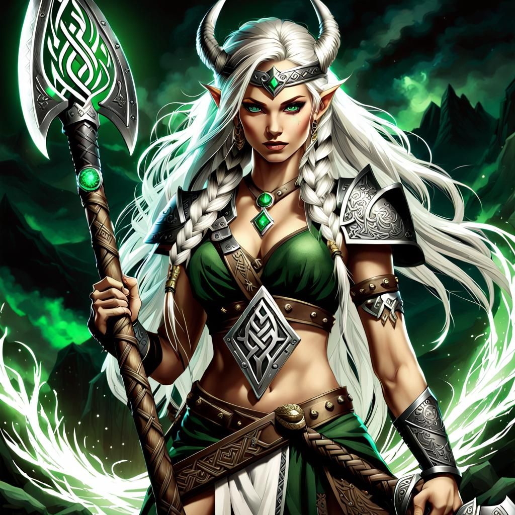 Barbarian Woman with Runed Battle Axe