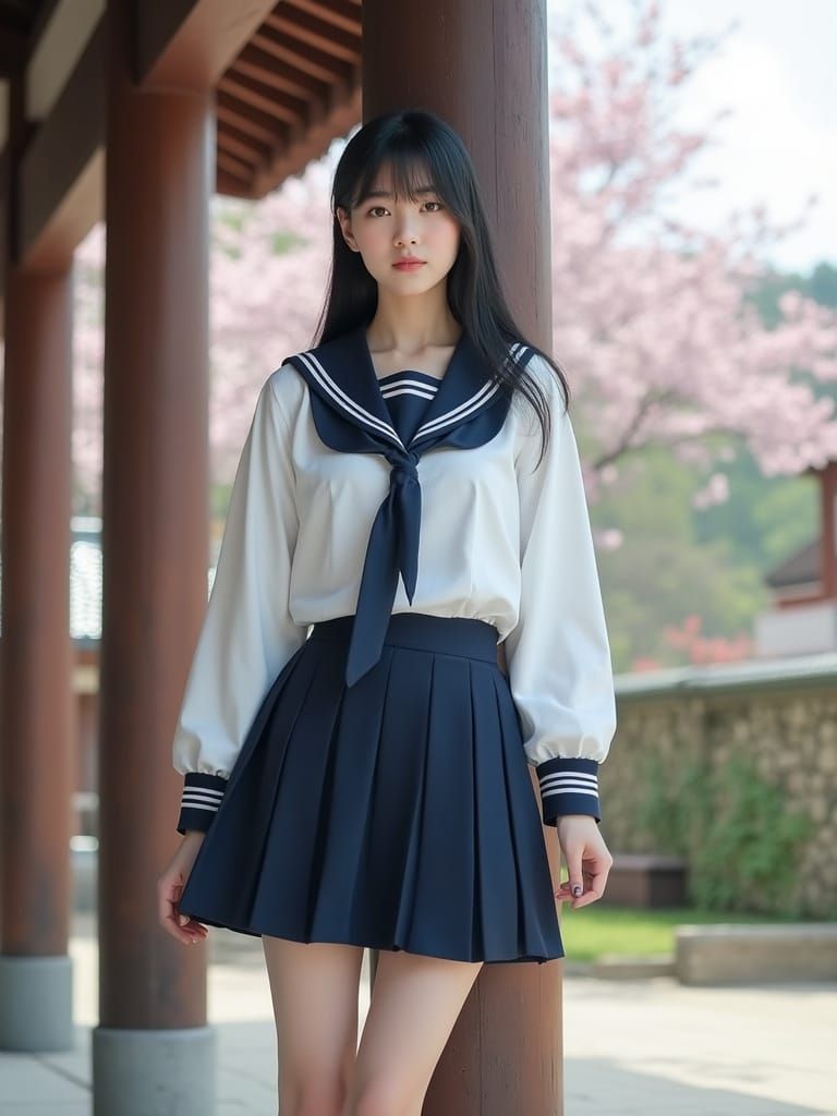 Kaori in Sailor Uniform at Shrine Among Cherry Blossoms
