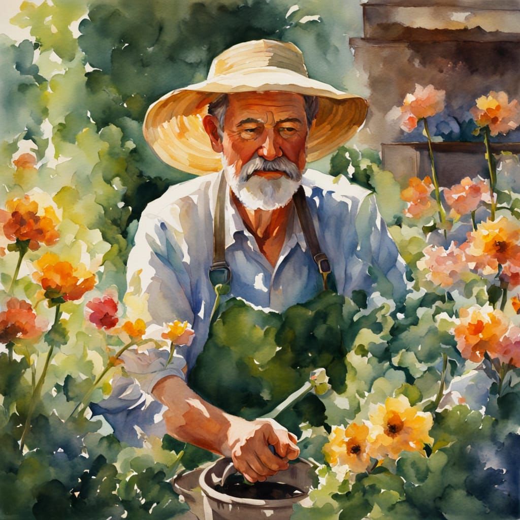 Impressionist Gardener Tending Flowers in Watercolor